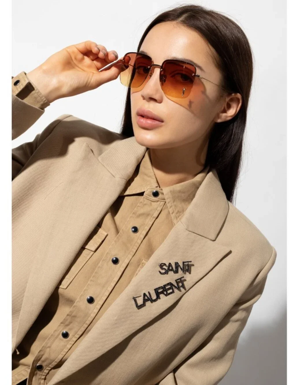 Saint Laurent SL312M 004 Square Rimless Sunglasses - Gold / Orange